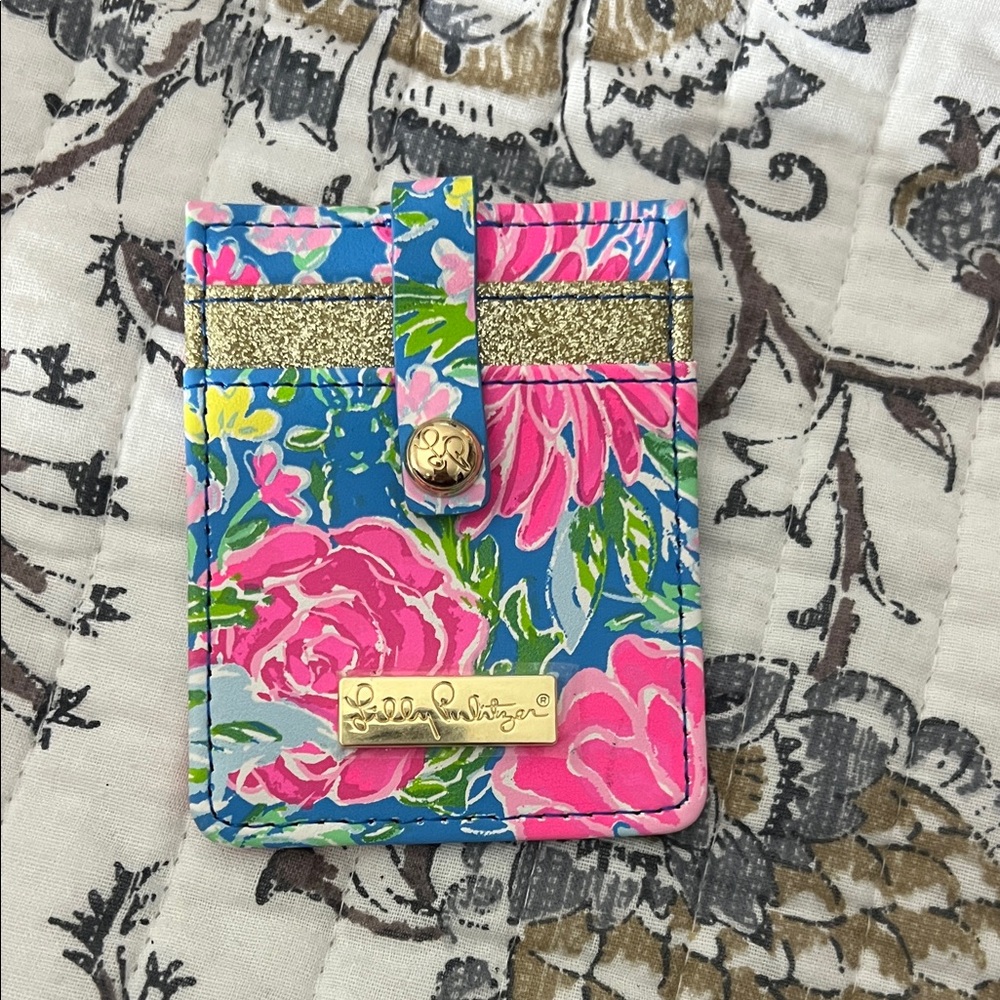 Lilly Pulitzer Pink and Blue Floral Card Holder with Gold Accents